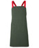 A green canvas apron with red cross-back straps and a front pocket. It features a logo on the design.