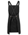 A black denim apron with cross back straps and a tie waist, featuring a logo.