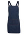A navy denim cross back apron featuring adjustable straps and a front pocket. It has a simple design and a branded logo.