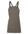 A khaki green canvas bib apron featuring cross back straps and a front pocket. It has a brand logo.