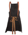 A black apron with brown cross-back straps and a tied bow at the waist. It features branding on the fabric.