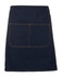 A dark blue denim waist apron featuring a large front pocket and contrasting stitching. It includes a strap.