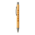 A bamboo ballpoint pen with a silver clip and ink tip, featuring a logo embossed on the barrel.