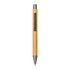 A bamboo ballpoint pen with a silver tip, featuring a sleek design and a clip on one side.