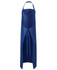 A blue vinyl apron with a long design, featuring a tied waist and a logo. Suitable for workwear use.
