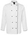 A white chef's jacket featuring black piping and buttons, designed for chefs with long sleeves.