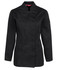 A black ladies' long-sleeve chef's jacket with a double-breasted design and a side pocket.