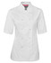 White short-sleeve chef's jacket for ladies with a double-breasted design and a branded logo.