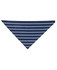 A navy blue and white striped chef's scarf with a triangular shape. It features a logo.