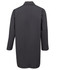 A black lab coat with long sleeves and a collared neckline, featuring a simple, sleek design.