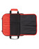 A black and red chef's knife bag, featuring multiple pockets and a zippered compartment, with a handle for carrying.