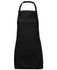 A black apron with a neck strap and adjustable buckle, featuring a logo.