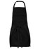 A black apron with an adjustable neck strap and ties at the waist, featuring a logo.