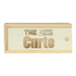 A wooden box with the words "THE Curto" engraved on it, featuring a simple vehicle graphic, light tan in colour.