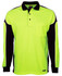 A long-sleeve polo shirt in high visibility yellow and black, featuring a chest pocket and contrasting panel design.