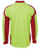 A long-sleeve polo shirt in fluorescent yellow and red with contrasting arm panels and a collar, featuring a logo.