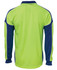 A long-sleeve polo shirt featuring a vibrant lime green and navy blue design with a logo on the front.