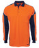 An orange and navy long-sleeve polo shirt with a pocket and a logo. Suitable for workwear.