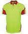 A bright yellow and red polo shirt with a pocket and a logo. Features a sporty design and short sleeves.