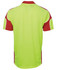 A bright lime green and red polo shirt featuring arm panel detailing and a logo.