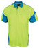 A bright yellow-green polo shirt with blue accents and a pocket, featuring a logo on the chest.