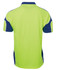 A bright lime green and navy blue polo shirt featuring an arm panel design and a logo.