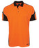 An orange and black short-sleeve polo shirt featuring a pocket and a logo.
