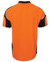 An orange and black polo shirt with short sleeves and a branded logo on the back.