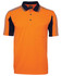 An orange and navy polo shirt with a collar, short sleeves, and a chest pocket. It features contrasting stripes.