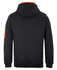 A black work hoodie with an orange accent on the hood and a zipped pocket on the sleeve. Features a logo.