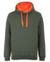 A green hoodie with an orange interior hood and drawstrings, featuring a front pocket and a logo.