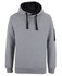 A grey hoodie featuring a black hood and drawstrings, with a side pocket and a logo on the sleeve.