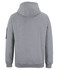 A grey hoodie with a hood and long sleeves, featuring a side pocket and a branding logo.