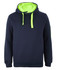 A navy work hoodie with a green hood and drawstrings, featuring a front pocket and a logo on the sleeve.