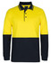A long-sleeve cotton polo shirt in yellow and navy blue, featuring a pocket and a branding logo.