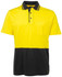 A short-sleeved cotton polo shirt featuring a vibrant yellow upper with a black lower section and a pocket. It has a logo.