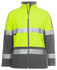 A fluorescent yellow and grey softshell jacket with reflective strips and a logo on the sleeve.