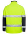 A high-visibility softshell jacket in bright fluorescent yellow with navy sleeves and reflective strips, featuring a logo.
