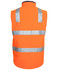 An orange softshell vest featuring reflective strips and a high collar, with a logo on the back.