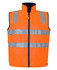 High-visibility orange vest with reflective stripes and a zip-up front, designed for safety wear. Features a logo.