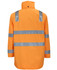 A high-visibility orange jacket featuring reflective strips and a zip-off sleeve design. Includes a logo.