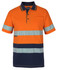 An orange and navy polo shirt with reflective stripes and a pocket, featuring a logo on the chest.