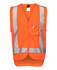 An orange work vest with reflective stripes and a front pocket, featuring a clear identification slot.