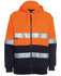 An orange and navy full zip fleecy hoodie with reflective stripes and a hoodie. It features a branding logo.