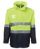 A high-visibility jacket in fluorescent yellow and navy, featuring reflective stripes and a front pocket.