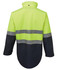 A high-visibility jacket in bright yellow and navy, featuring reflective strips and an overall workwear design.