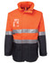 A high-visibility jacket in orange and black, featuring reflective stripes and a pocket. It has a logo on the front.
