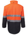 A work jacket in high-visibility orange and black, featuring reflective stripes and a collar, with a logo.