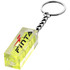 A yellow key chain leveller with a silver chain, featuring a logo on its surface.