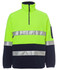 A bright yellow and navy polar fleece workwear jumper with reflective strips and a zip collar. Features a logo.